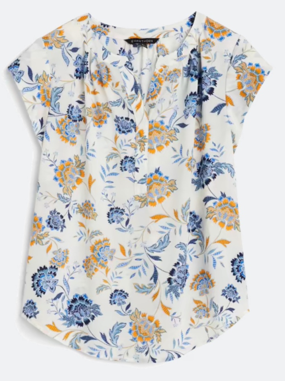 Floral Split-Neck Cap-Sleeve Blouse - White/Blue/Yellow